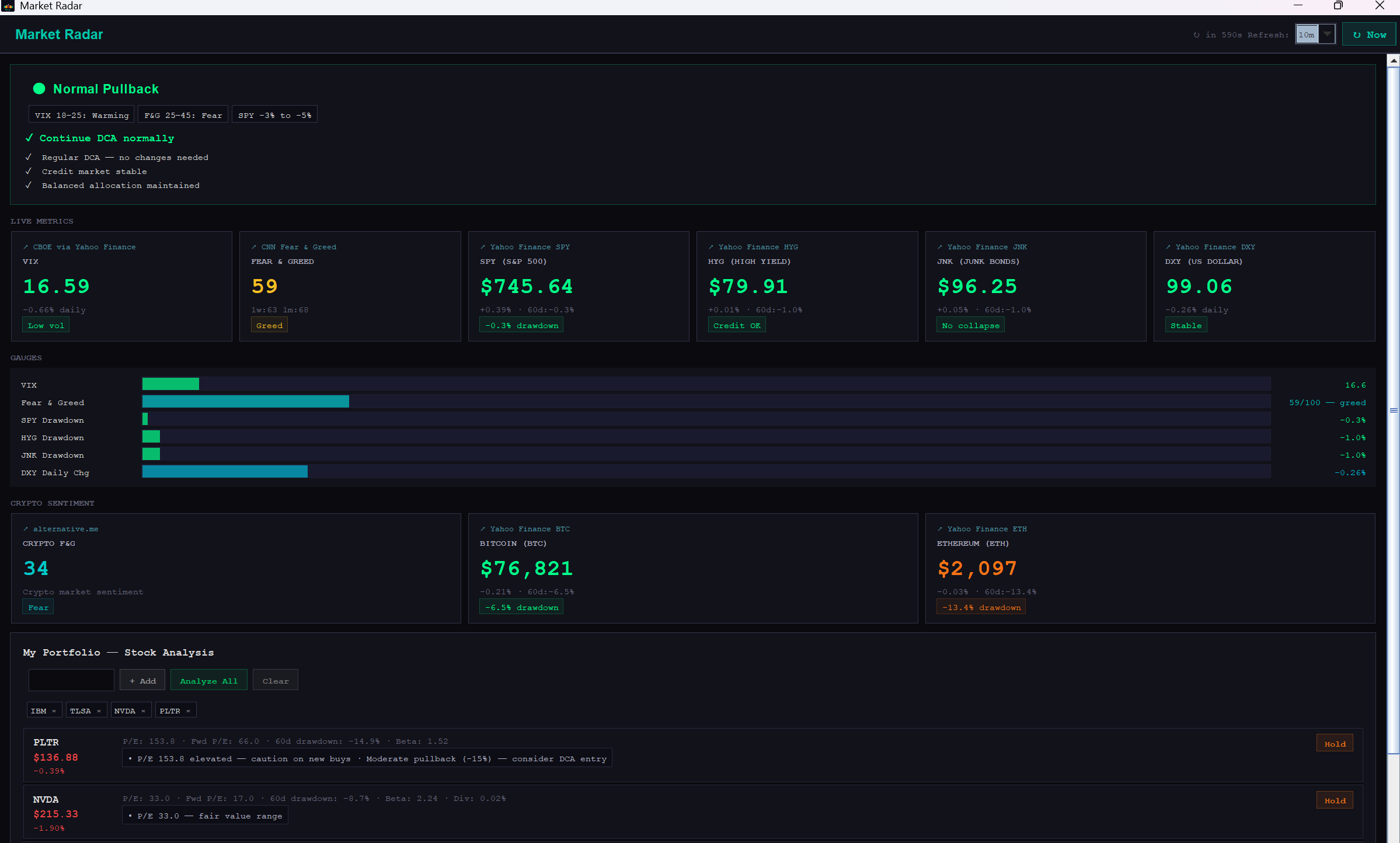 Market Radar - Desktop App with live scenario classification and portfolio analysis